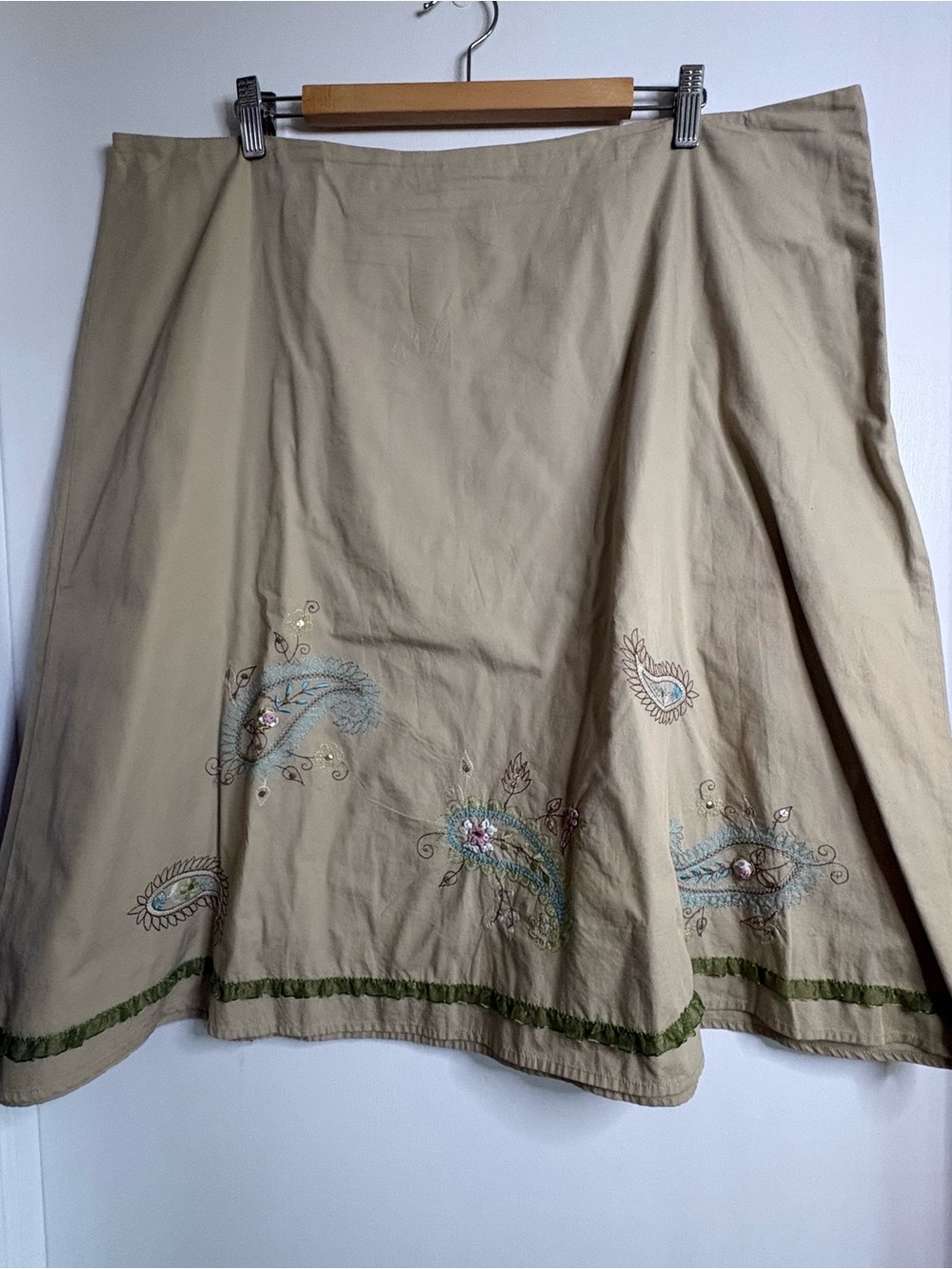 Villager Sz 20W Embroidered Floral Woven Cotton A-Line Skirt Zip Ruffle Ribbon